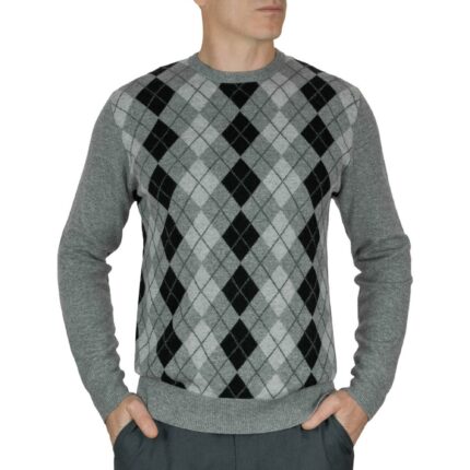 Lona Scott, Mens Cashmere Argyle Round Neck Jumper in Grey