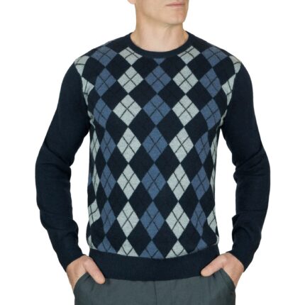 Lona Scott, Mens Cashmere Argyle Round Neck Jumper in Navy