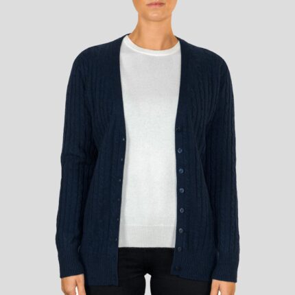 Experience luxury with the Lona Scott Women's Long Cable Cashmere Cardigan. This elegant cardigan features a classic cable knit design and a longer length for added warmth