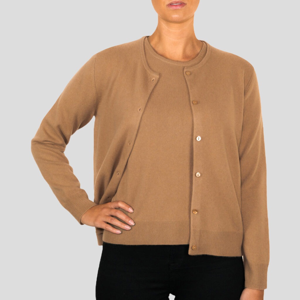 Luxurious Lona Scott Women's Cashmere Twinset in Camel, featuring a stylish top and cardigan. A premium cashmere set that offers unmatched comfort and elegance.