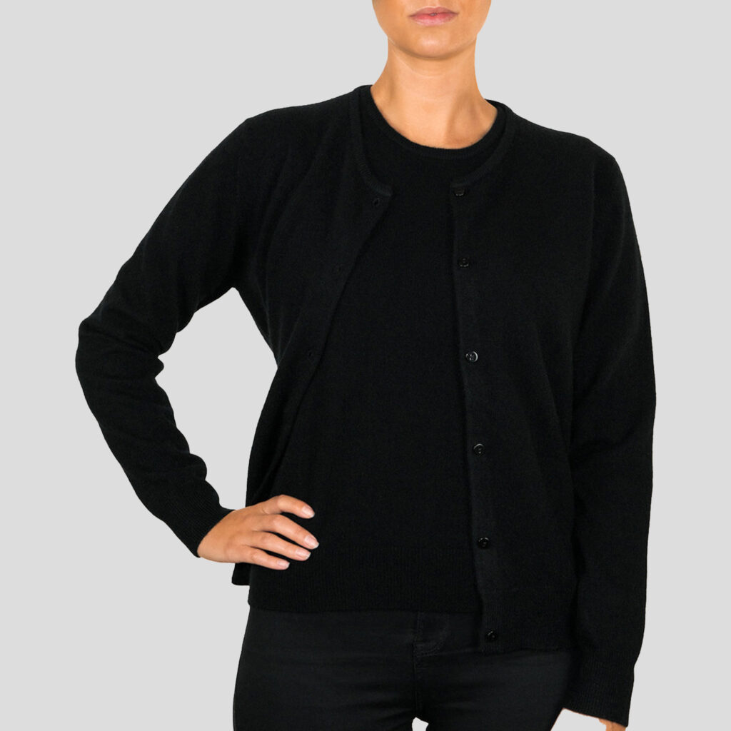Women's classic cashmere black cardigan, with a timeless design and luxurious soft texture