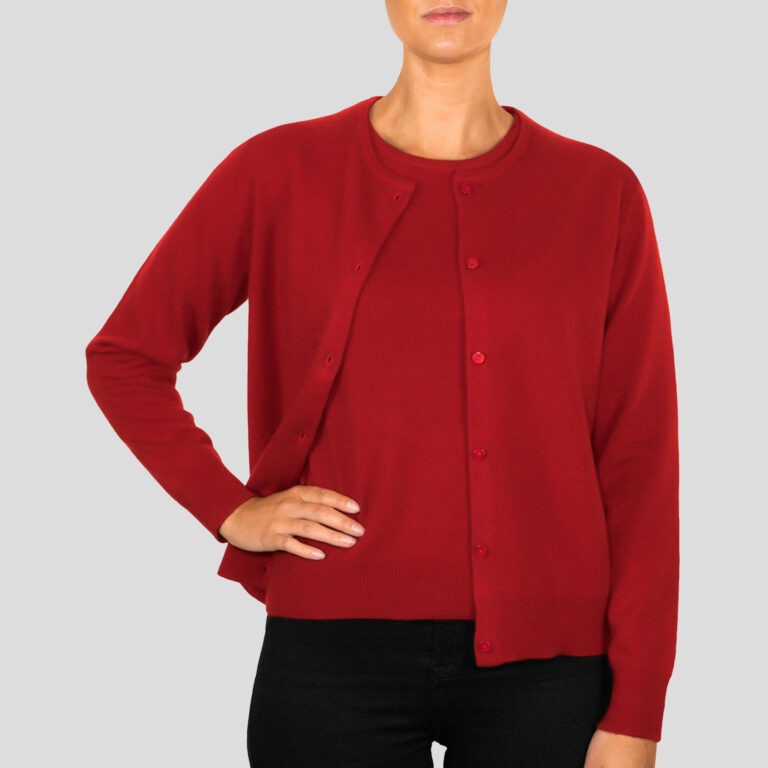 Red women's classic cashmere cardigan, with a timeless design and luxurious soft texture