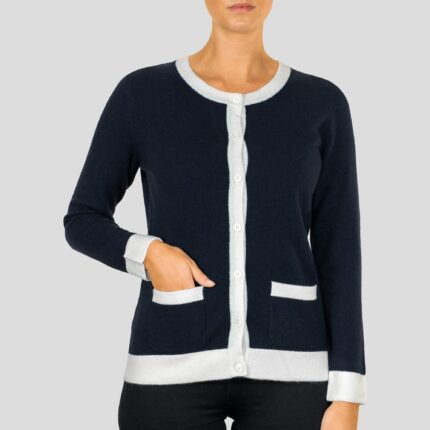 Lona Scott Two-Tone, Edge-Trim Women's Cashmere Cardigan. A chic cardigan combining luxurious cashmere with a stylish two-tone edge trim, perfect for any occasion