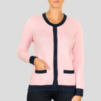Lona Scott Two-Tone, Edge-Trim Women's Cashmere Cardigan. A chic cardigan combining luxurious cashmere with a stylish two-tone edge trim, perfect for any occasion