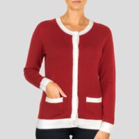 Lona Scott Two-Tone, Edge-Trim Women's Cashmere Cardigan in Red & White