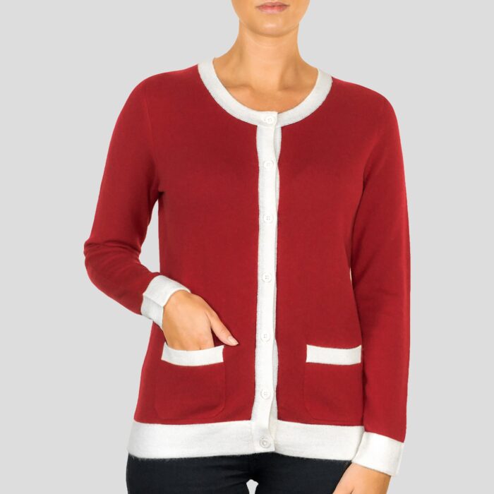 Lona Scott Two-Tone, Edge-Trim Women's Cashmere Cardigan in Red & White
