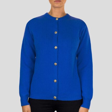 Lona Scott Women's Golfer Cashmere Cardigan in Cornflower, blending luxurious comfort with elegance.