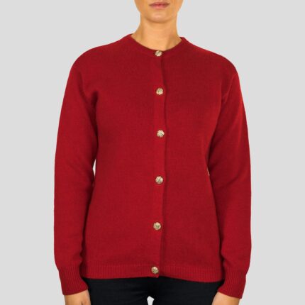 Lona Scott Women's Golfer Cashmere Cardigan in Red, blending luxurious comfort with elegance.