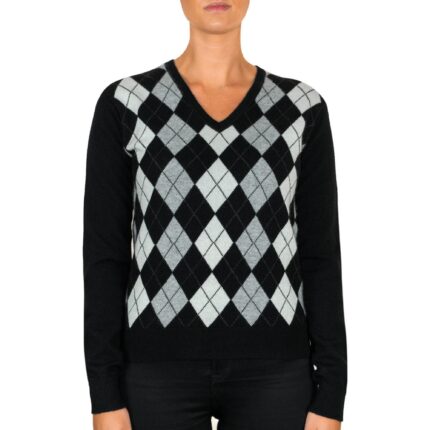 Women's Cashmere Argyle V-Neck Jumper, in Black