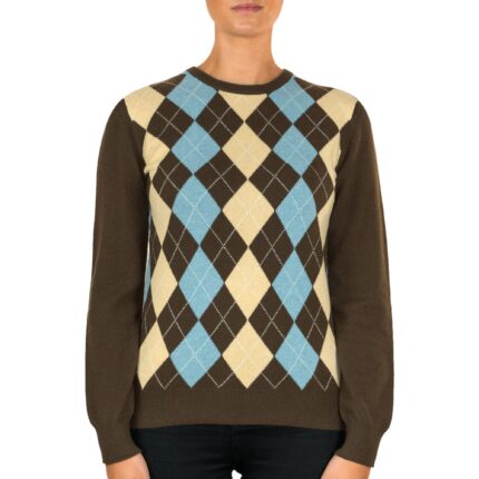 Women's Cashmere Argyle Round Neck Jumper, in Brown