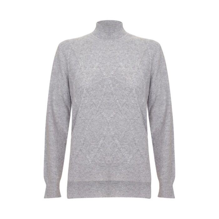 Women's 100% Cashmere Argyle Self-pattern jumper, with turtle neck in Grey