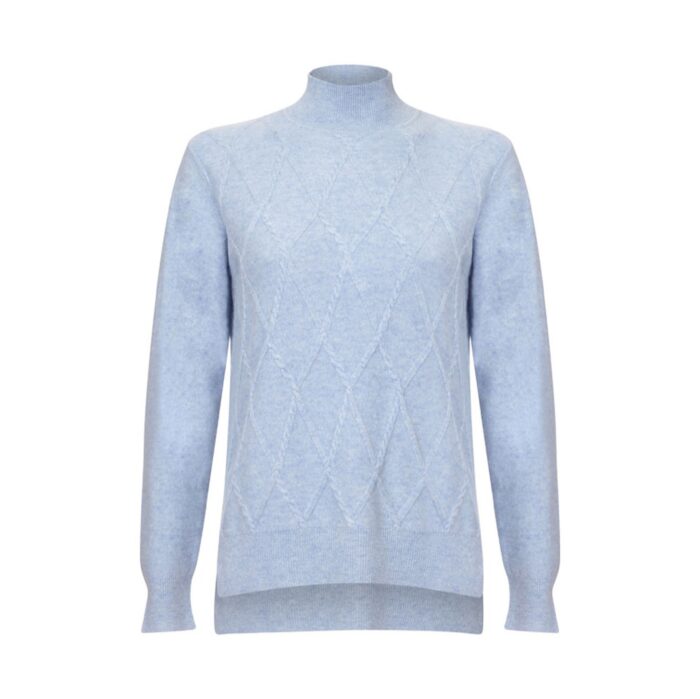 Women's 100% Cashmere Argyle Self-pattern jumper, with turtle neck in Light Blue
