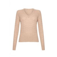 Women's 100% Cashmere Cable V-Neck Jumper, Beige