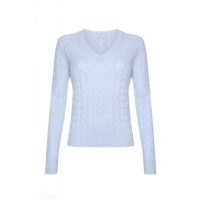 Women's 100% Cashmere Cable V-Neck Jumper, Light Blue
