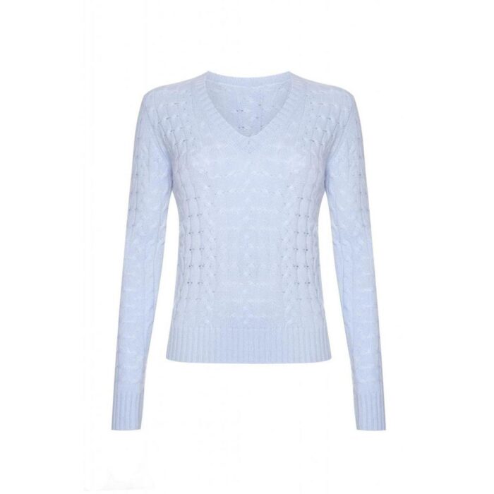 Women's 100% Cashmere Cable V-Neck Jumper, Light Blue