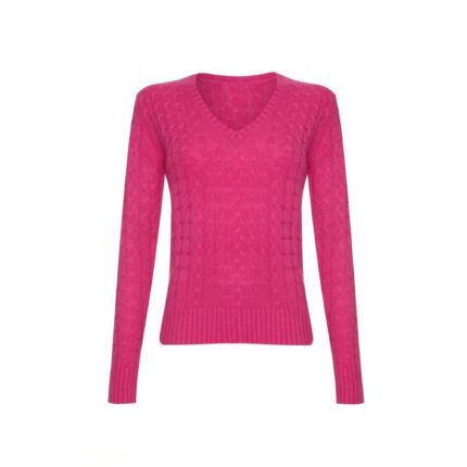 Women's 100% Cashmere Cable V-Neck Jumper, Cerise