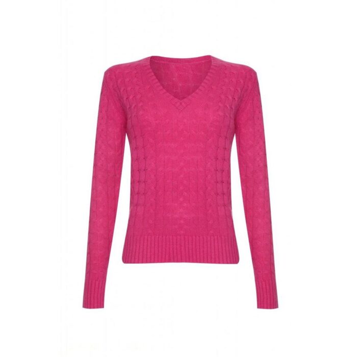 Women's 100% Cashmere Cable V-Neck Jumper, Cerise