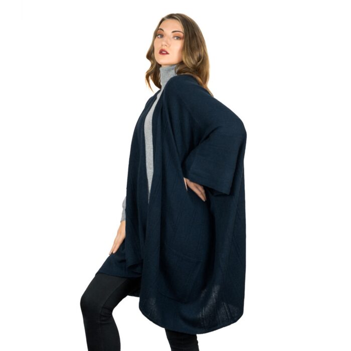 Womens Cashmere Cape with pockets, a soft cashmere cape made from 100% cashmere and detailed, functional pockets. Navy
