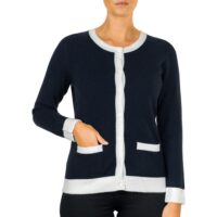 Lona Scott Two-Tone, Edge-Trim Women's Cashmere Cardigan. A chic cardigan combining luxurious cashmere with a stylish two-tone edge trim, perfect for any occasion