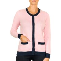 Lona Scott Two-Tone, Edge-Trim Women's Cashmere Cardigan. A chic cardigan combining luxurious cashmere with a stylish two-tone edge trim, perfect for any occasion