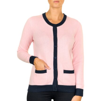 Lona Scott Two-Tone, Edge-Trim Women's Cashmere Cardigan. A chic cardigan combining luxurious cashmere with a stylish two-tone edge trim, perfect for any occasion