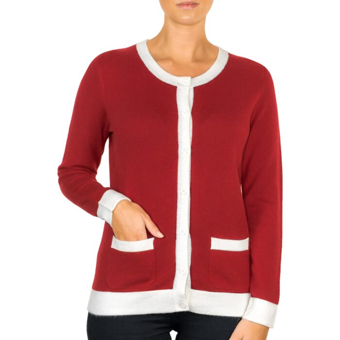 Lona Scott Two-Tone, Edge-Trim Women's Cashmere Cardigan. A chic cardigan combining luxurious cashmere with a stylish two-tone edge trim, perfect for any occasion