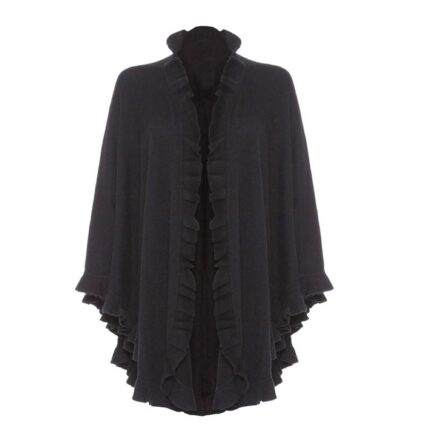 Womens Cashmere Black Frilly Cape. A cosy and soft cape with frilly details