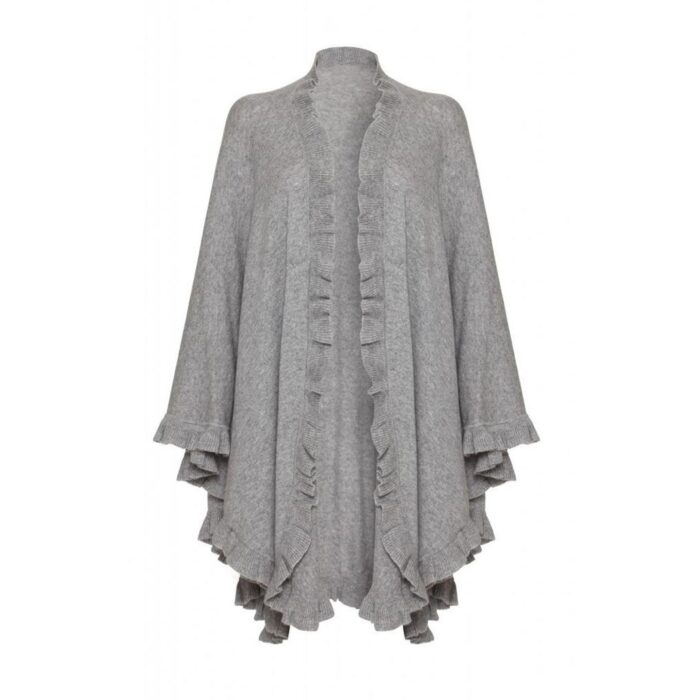 Womens Cashmere Grey Frilly Cape. A cosy and soft cape with frilly details