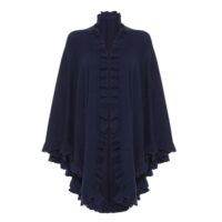 Womens Cashmere Navy Frilly Cape. A cosy and soft cape with frilly details