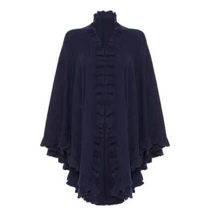 Womens Cashmere Navy Frilly Cape. A cosy and soft cape with frilly details