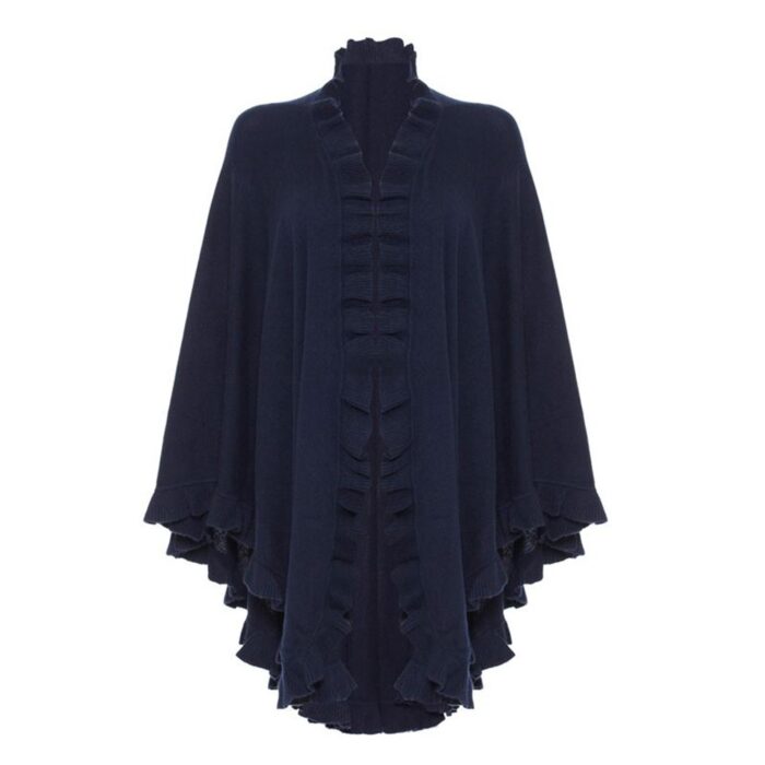 Womens Cashmere Navy Frilly Cape. A cosy and soft cape with frilly details
