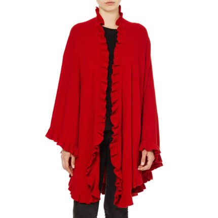 Womens Cashmere Red Frilly Cape. A cosy and soft cape with frilly details