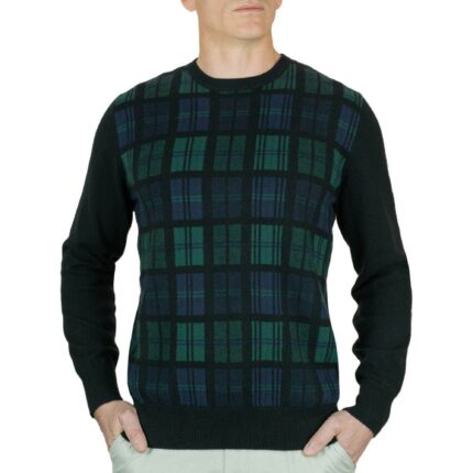 Model wearing Lona Scott Mens Cashmere Jumper in a Black Watch Tartan Print