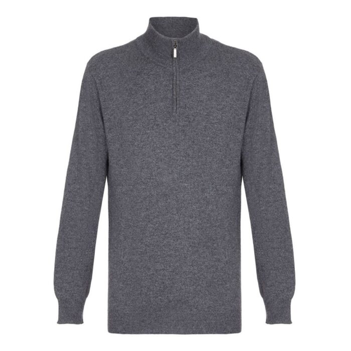 Men's Cashmere Quarter Zip Polo-Neck Jumper in Light Grey – Premium Luxury Knitwear for Men