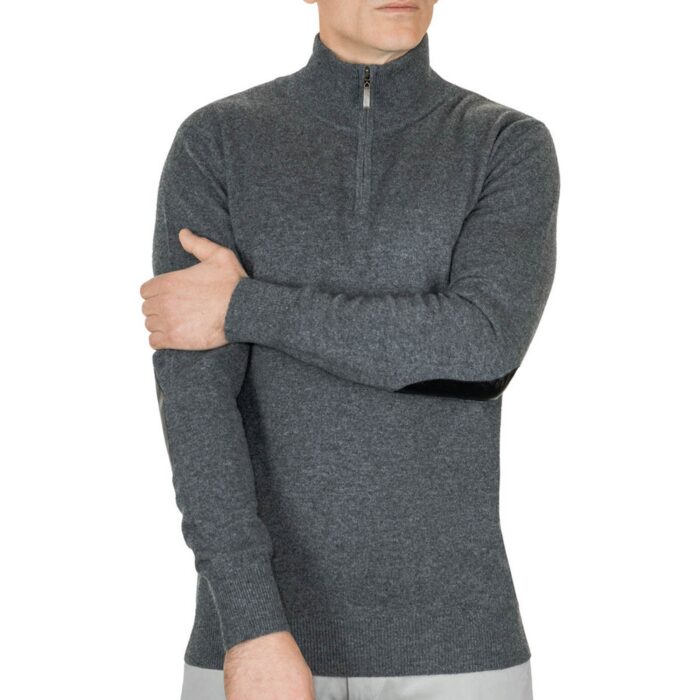 Men's Cashmere Quarter Zip Polo-Neck Jumper in Light Grey – Premium Luxury Knitwear for Men