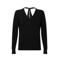 Black Cashmere Ribbon-Neck Jumper, featuring a stylish ribbon detail on the back with a luxurious soft fabric
