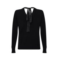 Black Cashmere Ribbon-Neck Jumper, featuring a stylish ribbon detail on the back with a luxurious soft fabric