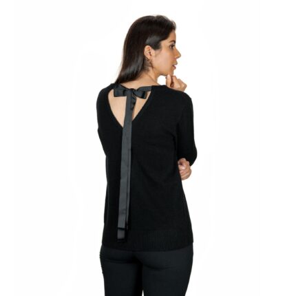 Black Cashmere Ribbon-Neck Jumper, featuring a stylish ribbon detail on the back with a luxurious soft fabric