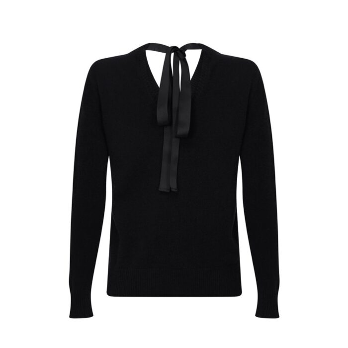 Black Cashmere Ribbon-Neck Jumper, featuring a stylish ribbon detail on the back with a luxurious soft fabric