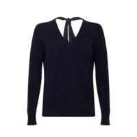 Navy Cashmere Ribbon-Neck Jumper, featuring a stylish ribbon detail on the back with a luxurious soft fabric