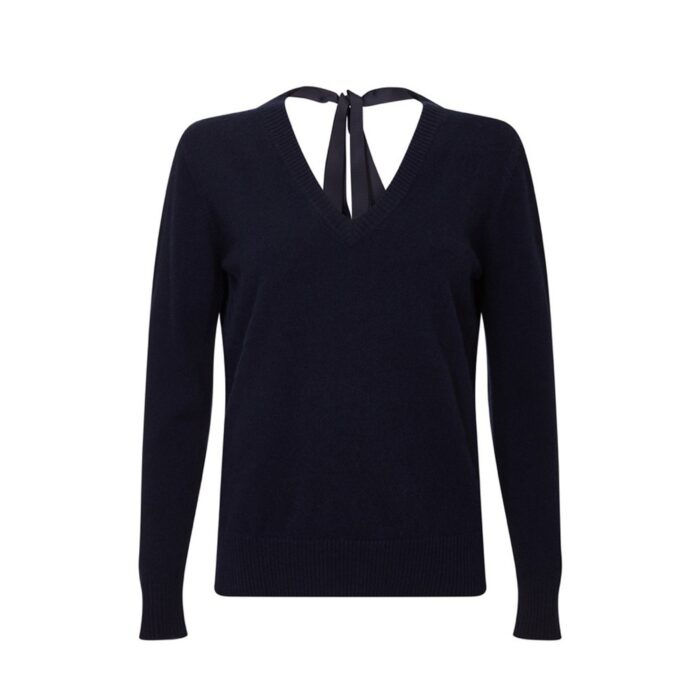 Navy Cashmere Ribbon-Neck Jumper, featuring a stylish ribbon detail on the back with a luxurious soft fabric