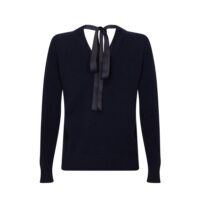 Navy Cashmere Ribbon-Neck Jumper, featuring a stylish ribbon detail on the back with a luxurious soft fabric