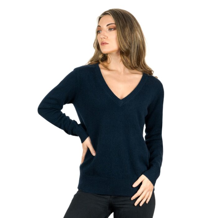 Navy Cashmere Ribbon-Neck Jumper, featuring a stylish ribbon detail on the back with a luxurious soft fabric