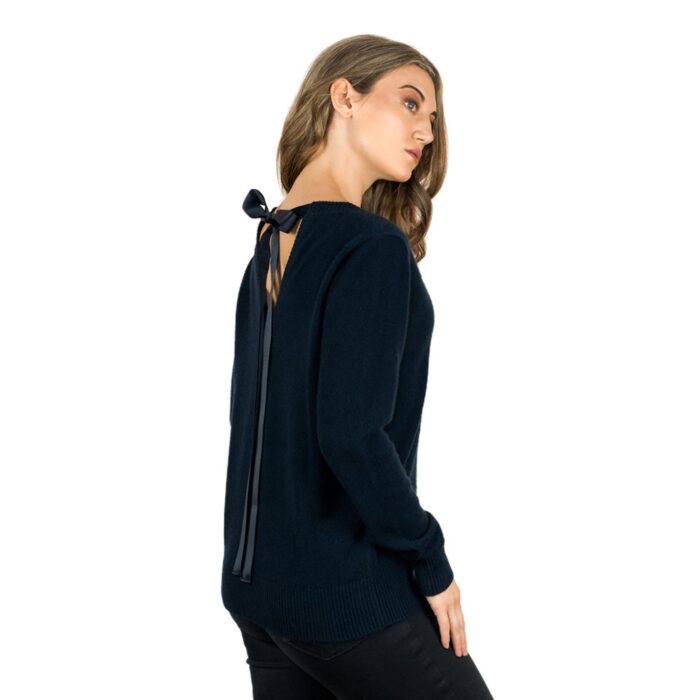 Navy Cashmere Ribbon-Neck Jumper, featuring a stylish ribbon detail on the back with a luxurious soft fabric
