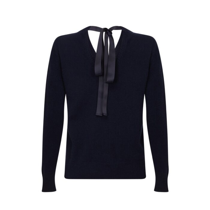 Navy Cashmere Ribbon-Neck Jumper, featuring a stylish ribbon detail on the back with a luxurious soft fabric