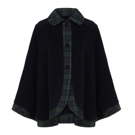 Lona Scott Womens Tartan Trim Cape, Cashmere & Wool, Black Watch Tartan