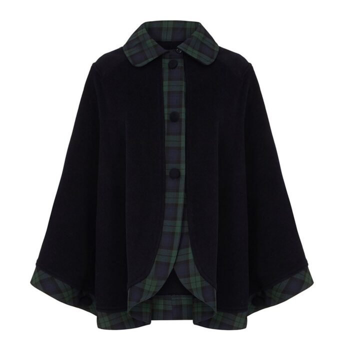 Lona Scott Womens Tartan Trim Cape, Cashmere & Wool, Black Watch Tartan