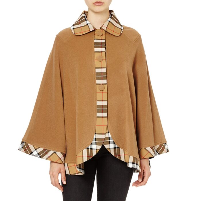 Lona Scott Womens Tartan Trim Cape, Cashmere & Wool, Camel Thomson