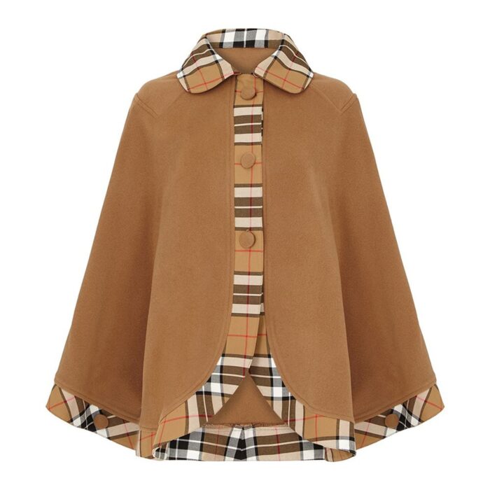 Lona Scott Womens Tartan Trim Cape, Cashmere & Wool, Camel Thomson