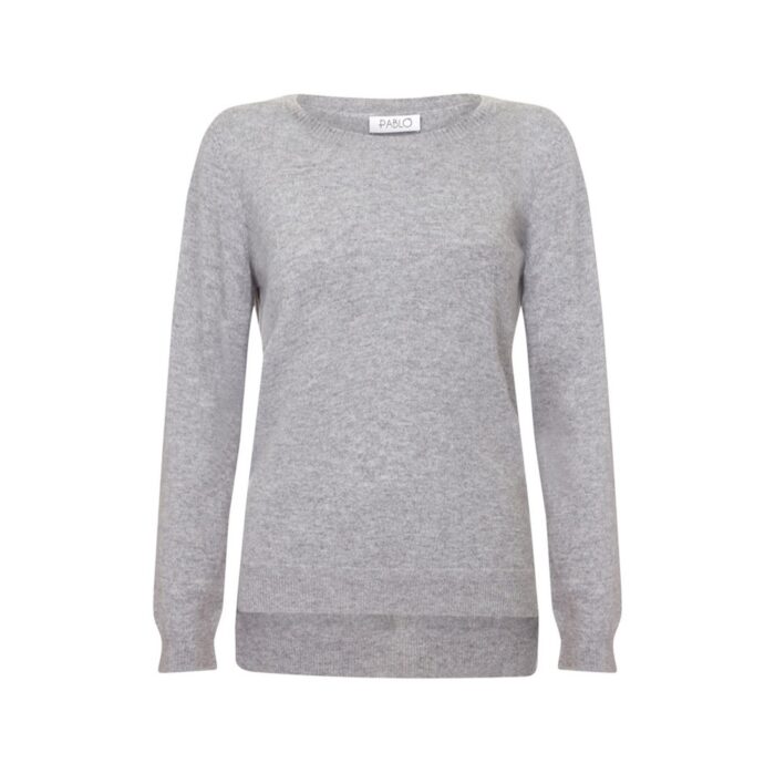 Grey women's cashmere tunic jumper with a relaxed fit and luxurious soft texture